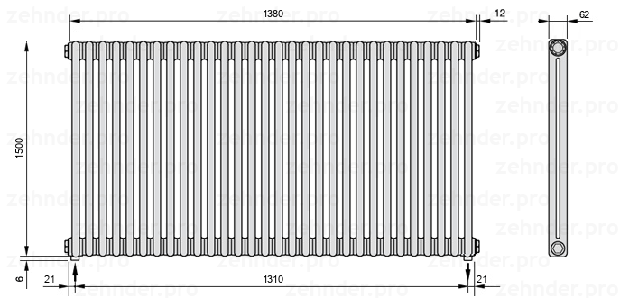 Схема (чертеж) Радиатор Zehnder Charleston 2150/30 №5310 Белый глянцевый RAL 9016